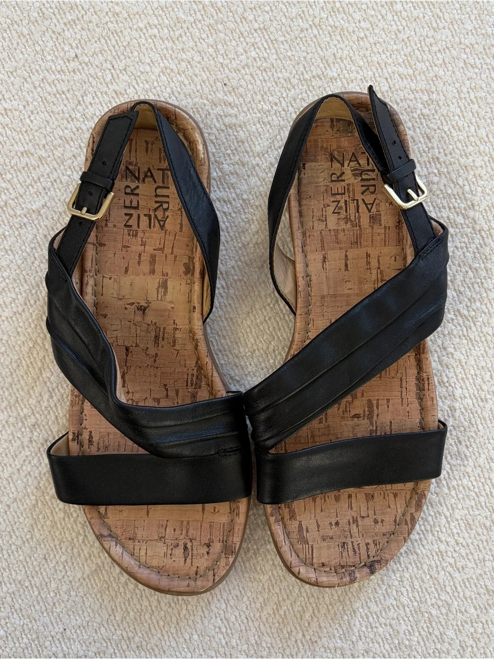 Naturalizer Black Leather Crossover Sandals with Buckle